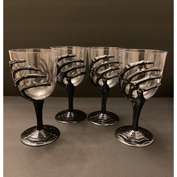 Set Of 4 Metallic Silver Gothic 3D Skeleton Hand Goblets with Spider Web Base - Picture 1 of 6